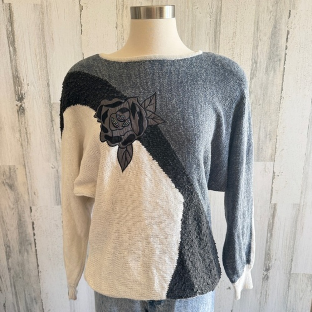 Vintage Floral Sweater beading Ramie Cotton Silk medium‎ 80s Knit 90s